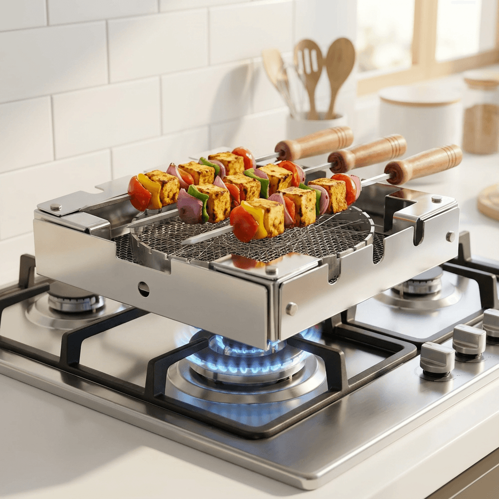 Folding stainless steel barbeque stand being set up on a gas stove