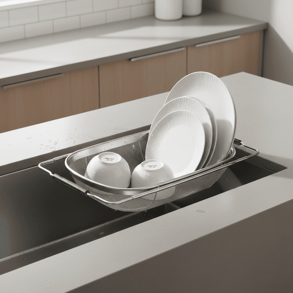 Stainless steel sink drainer basket over a kitchen sink